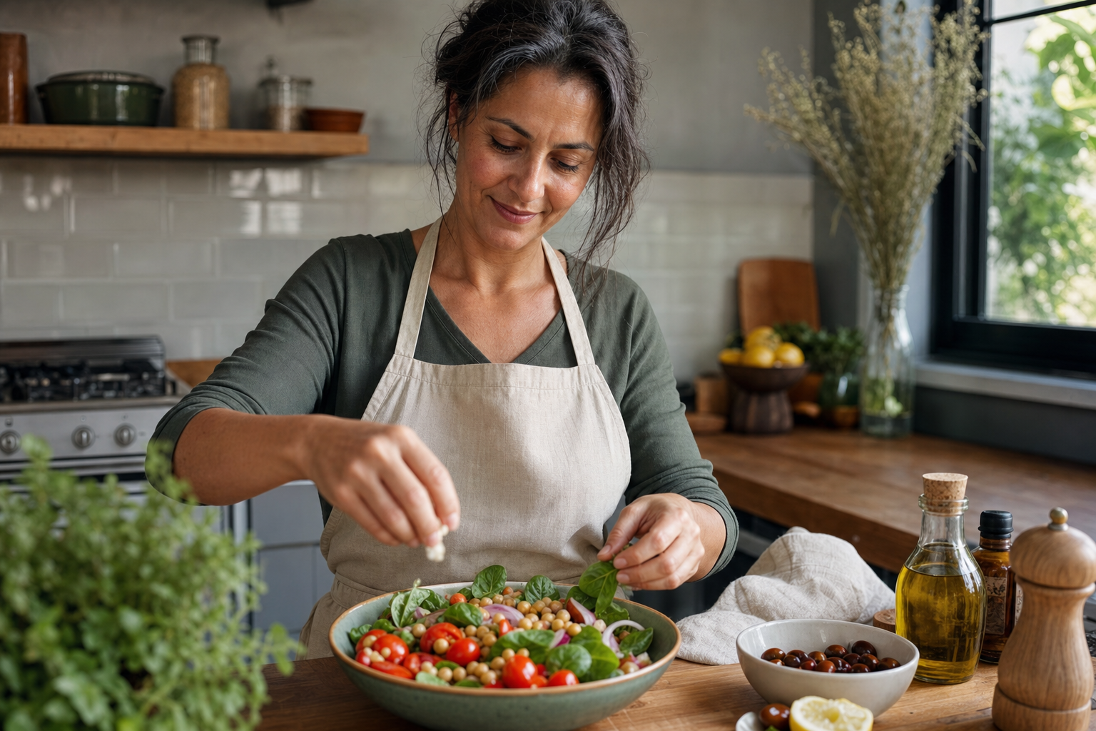 Maria Fernandes a preparar uma salada mediterrânica saudável