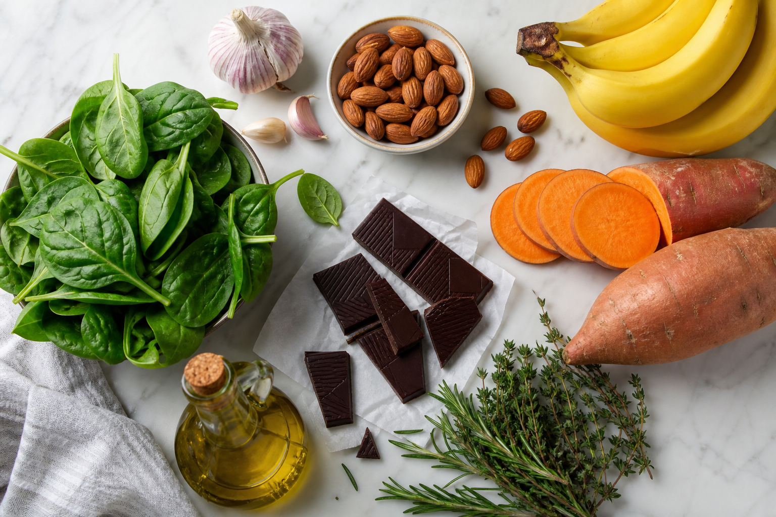 Ingredientes saudáveis: espinafres, amêndoas, chocolate negro